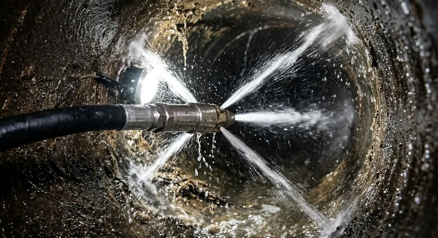 High-pressure hydro jetting nozzle cleaning sewer pipe for Trenchless Sewer Repair in Hibbing