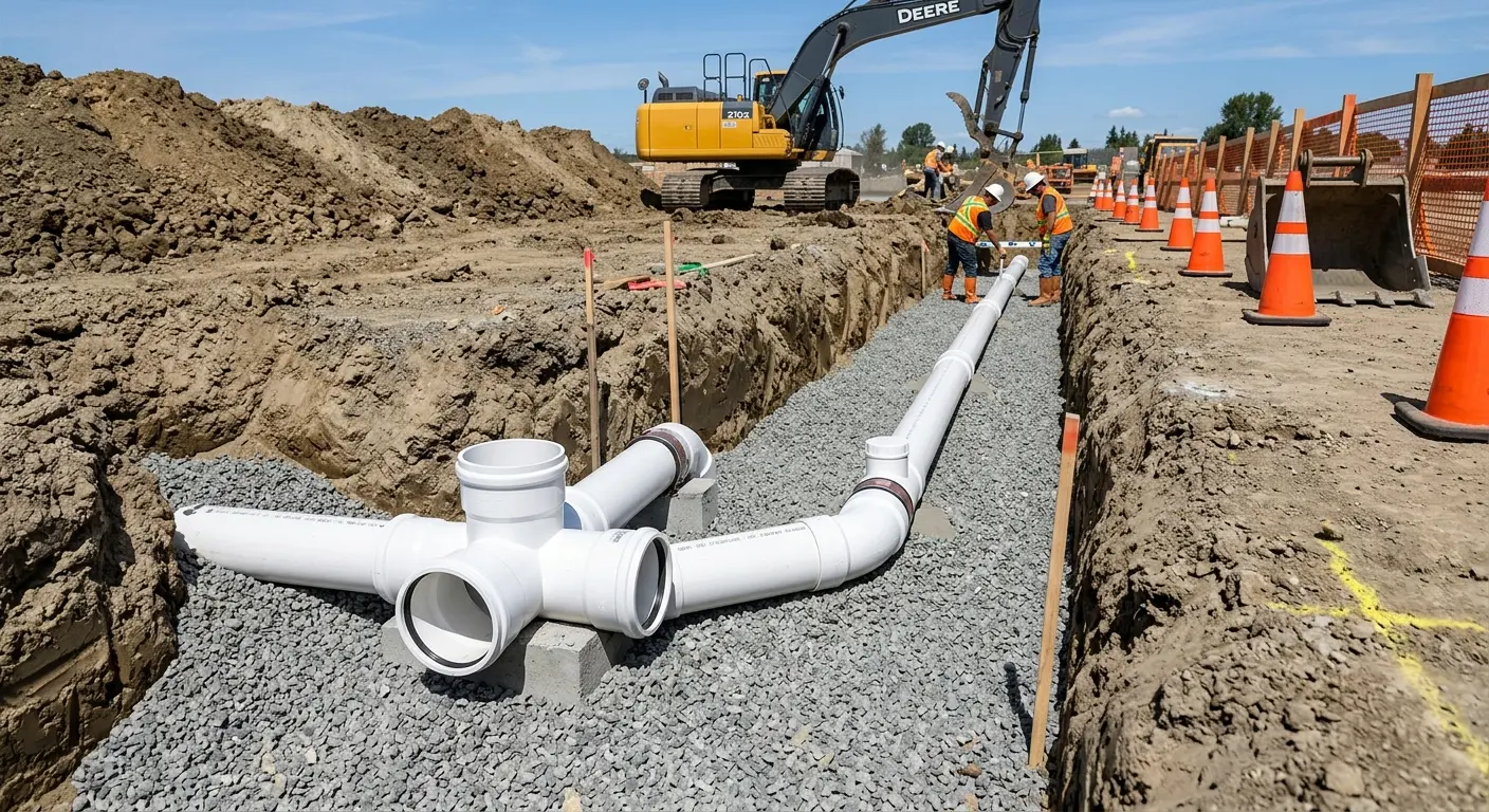 New PVC sewer pipe installation in open trench for Commercial Drain Cleaning in Hibbing
