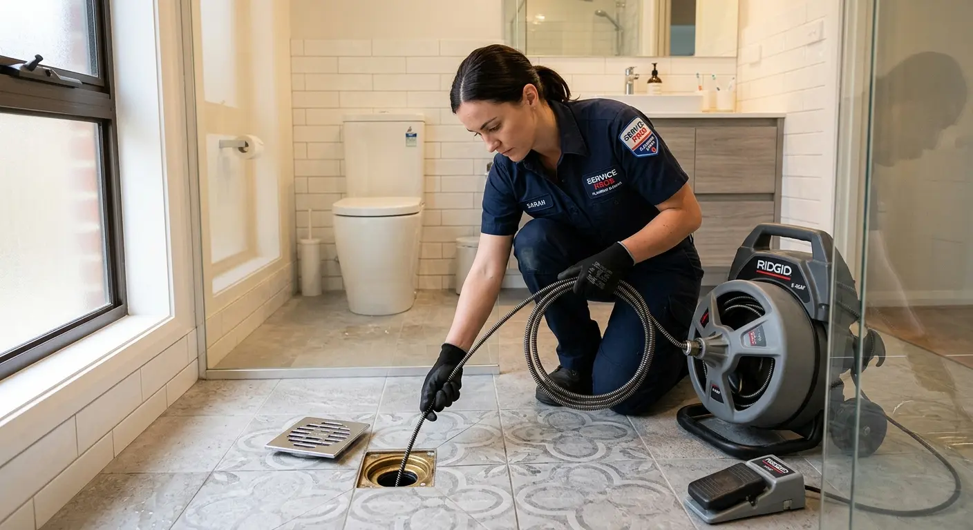Technician clearing a bathroom floor drain for Sewer Line Replacement in Hibbing